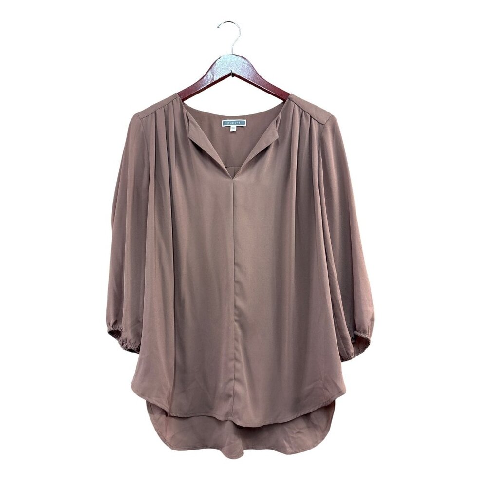 Pleione Womens Blouse Size L Light Brown V-Neck 3/4 Sleeve High-Low Hem